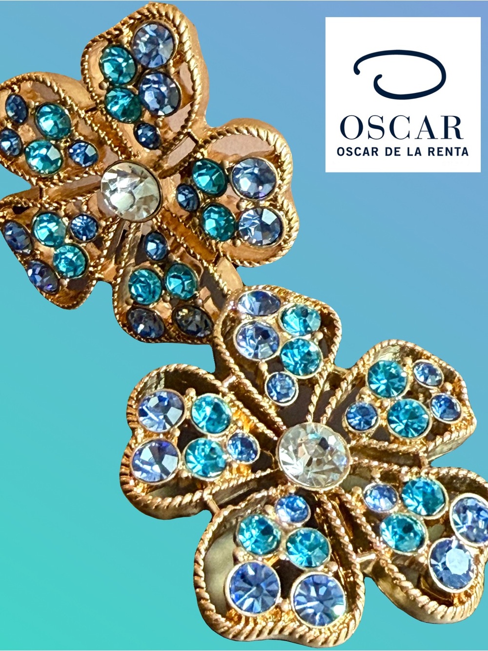 Oscar de la Renta Crystal Flower Earrings ⭐️ Gold Filagree Petals Blue Shades